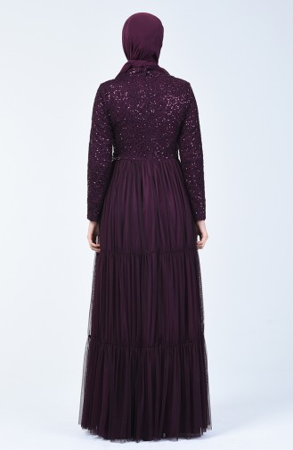 Sequin Detailed Tulle Evening Dress 52769-01 Plum 52769-01