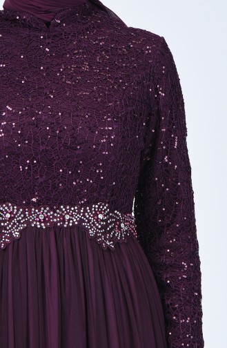 Sequin Detailed Tulle Evening Dress 52769-01 Plum 52769-01