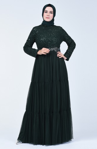 Robe de Soirée en Tulle Détail à Paillettes 52769-03 Vert 52769-03