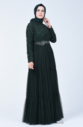 Robe de Soirée en Tulle Détail à Paillettes 52769-03 Vert 52769-03