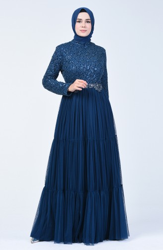 Robe de Soirée en Tulle Détail Paillettes 52769-04 Pétrole 52769-04