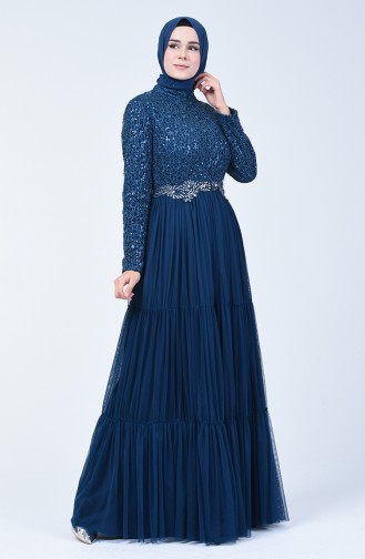 Robe de Soirée en Tulle Détail Paillettes 52769-04 Pétrole 52769-04