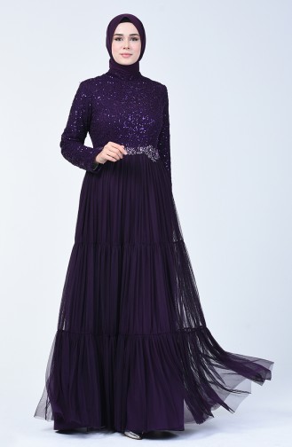 Robe de Soirée en Tulle Détail à Paillettes 52769-05 Pourpre 52769-05