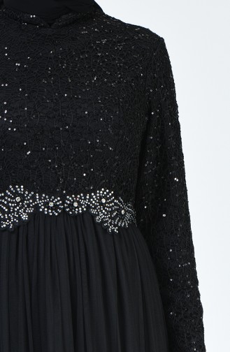 Robe de Soirée en Tulle Détail à Paillettes 52769-06 Noir 52769-06