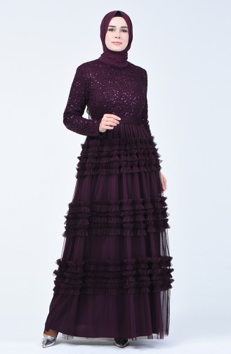 Sequin Detailed Tulle Evening Dress 52770-01 Plum 52770-01