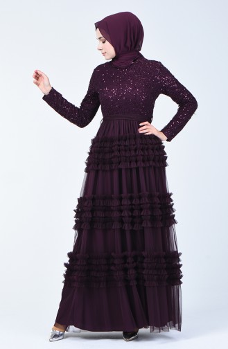 Sequin Detailed Tulle Evening Dress 52770-01 Plum 52770-01