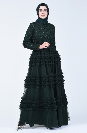 Sequin Detailed Tulle Evening Dress 52770-03 Green 52770-03
