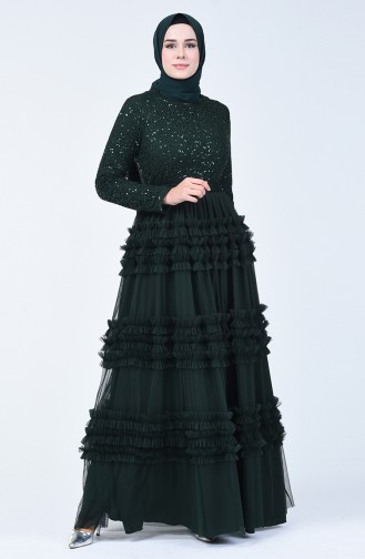 Robe de Soirée en Tulle Détail Paillettes 52770-03 Vert 52770-03