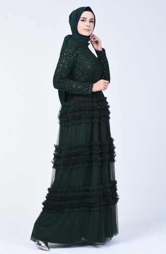 Robe de Soirée en Tulle Détail Paillettes 52770-03 Vert 52770-03