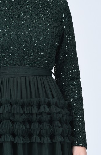 Robe de Soirée en Tulle Détail Paillettes 52770-03 Vert 52770-03