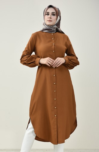 Düğmeli Uzun Tunik 5028-10 Taba