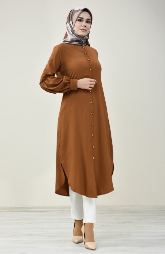 Düğmeli Uzun Tunik 5028-10 Taba