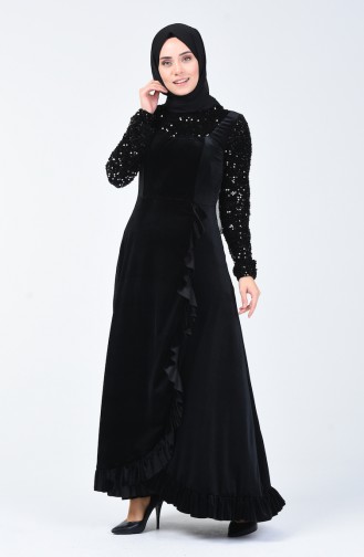 Sequin Detailed Velvet Evening Dress 5105-01 Black 5105-01