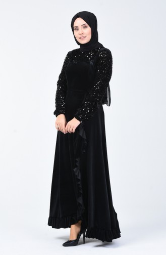 Pailletten Detailliertes Abendkleid aus Samt  5105-01 Schwarz 5105-01