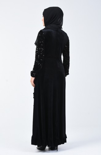 Sequin Detailed Velvet Evening Dress 5105-01 Black 5105-01