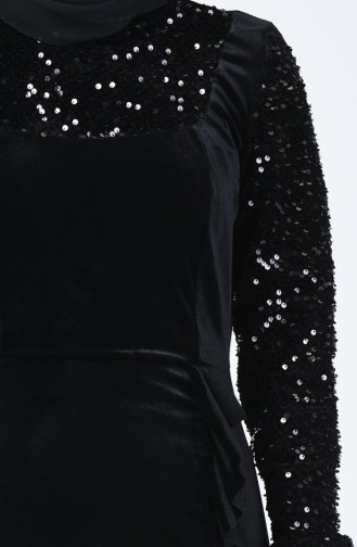 Sequin Detailed Velvet Evening Dress 5105-01 Black 5105-01