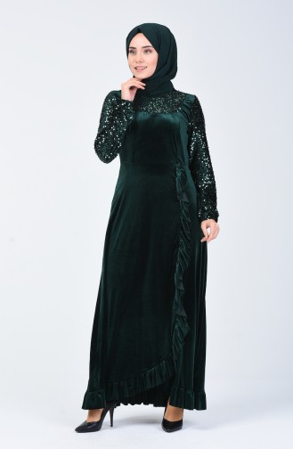 Sequin Detailed Velvet Evening Dress 5105-02 Emerald Green 5105-02