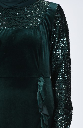 Sequin Detailed Velvet Evening Dress 5105-02 Emerald Green 5105-02