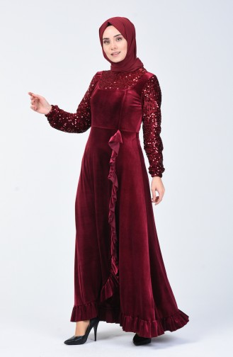 Sequin Detailed Velvet Evening Dress 5105-03 Burgundy 5105-03