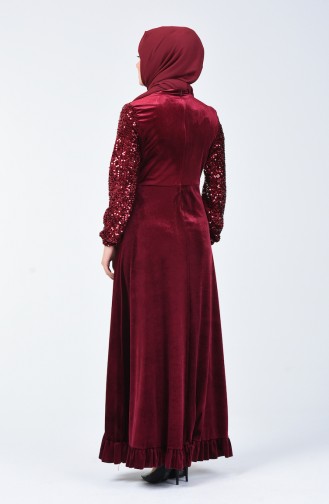 Sequin Detailed Velvet Evening Dress 5105-03 Burgundy 5105-03