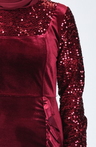 Sequin Detailed Velvet Evening Dress 5105-03 Burgundy 5105-03