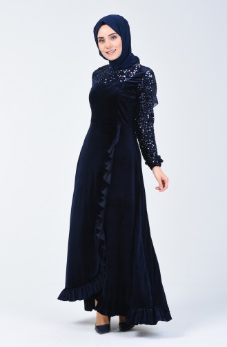 Sequin Detailed Velvet Evening Dress 5105-04 Navy Blue 5105-04