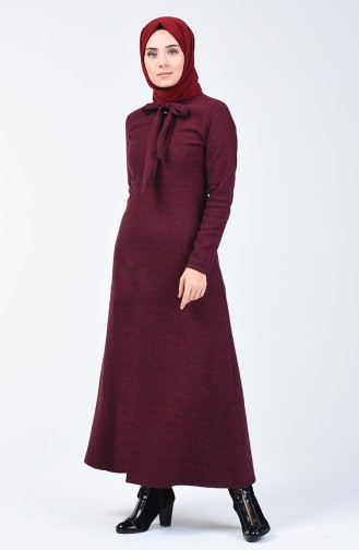 Tie Collar Herringbone Pattern Dress 0021-02 Burgundy 0021-02