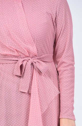 Volanlı Kuşaklı Tül Elbise 5014-10 Pembe