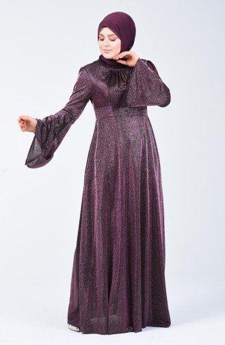 Robe de Soirée Grande Taille Manches Volantes à Paillettes 9016-01 Plum 9016-01