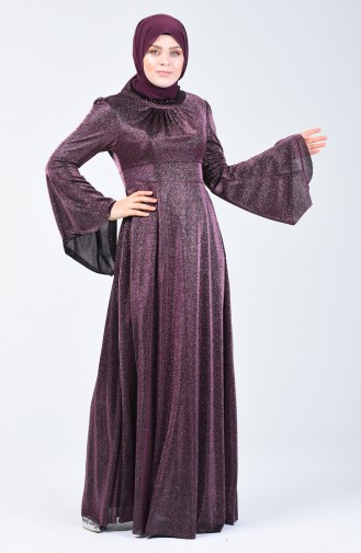 Robe de Soirée Grande Taille Manches Volantes à Paillettes 9016-01 Plum 9016-01