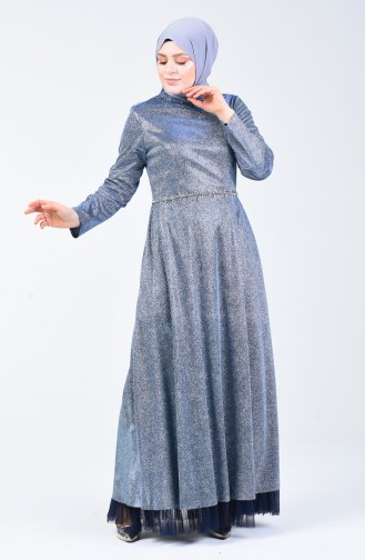 Büyük Beden Taşlı Simli Abiye Elbise 9018-03 Mavi