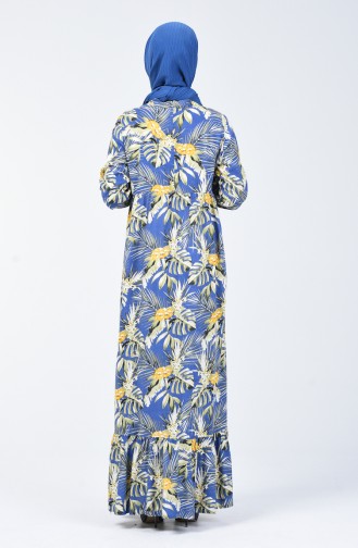 Çiçek Desenli Büzgülü Elbise 1363-02 Mavi