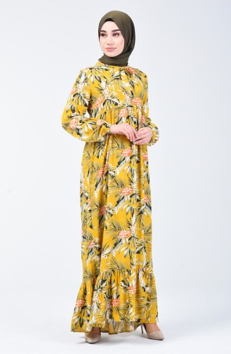 Çiçek Desenli Büzgülü Elbise 1363-03 Sarı