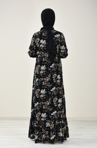 Çiçek Desenli Büzgülü Elbise 1365-01 Siyah