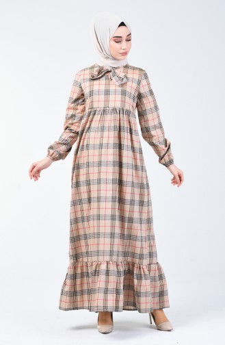 Kravat Yaka Büzgülü Elbise 1368-01 Vizon