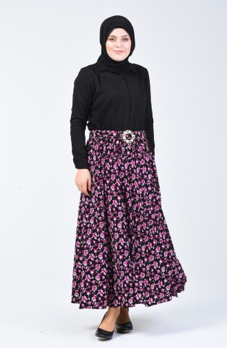 Belted Patterned Skirt Black Damson 1001-05