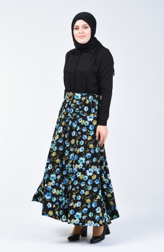 Flower Patterned Skirt Black Turquoise 1007-04