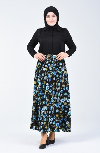 Flower Patterned Skirt Black Turquoise 1007-04