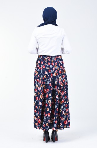 Flower Patterned Skirt Navy Blue Bordeaux 1007-05
