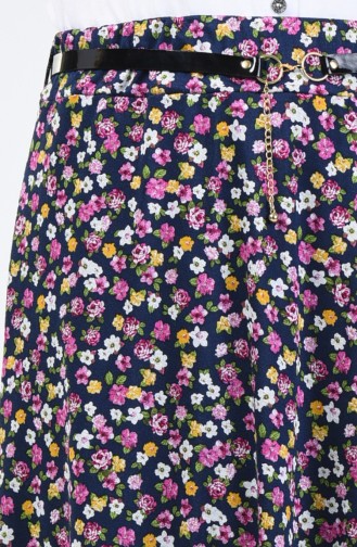 Flower Patterned Belt Skirt Navy Blue Pink 1015-03