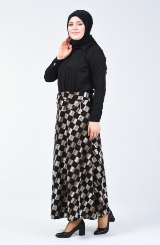 تنورة منقوشة بأشكال هندسية أسود وبني مائل للرمادي 1029-04