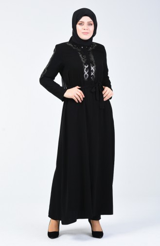 Big Size Strass Printed Abaya Black 5942-01