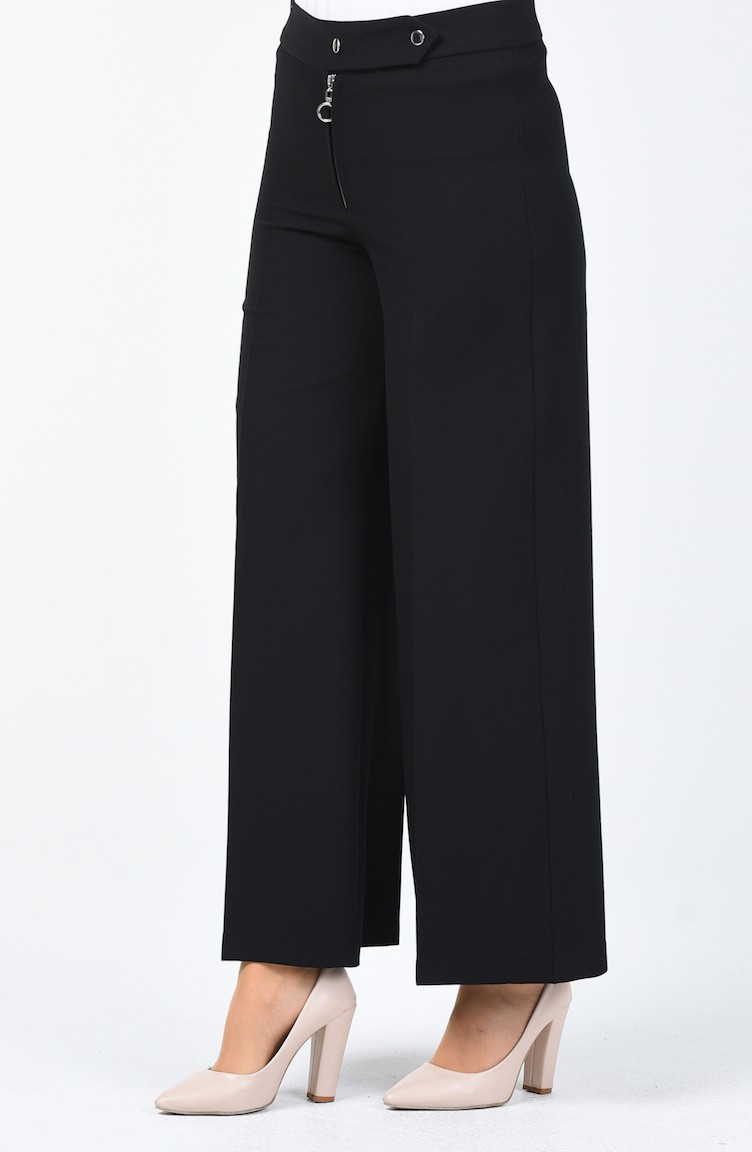 Fermuarlı Bol Paça Pantolon 3149-01 Siyah