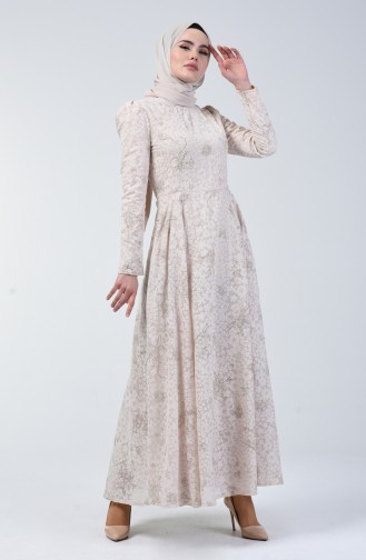 Beige Hijab Evening Dress 7256-01