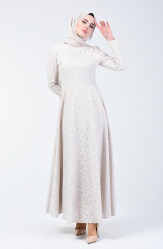 Beige Hijab Evening Dress 7257-01