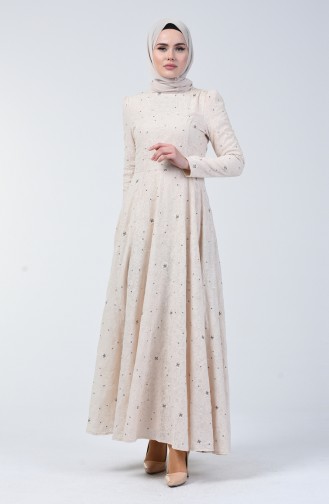 Beige Hijab Evening Dress 7258-01