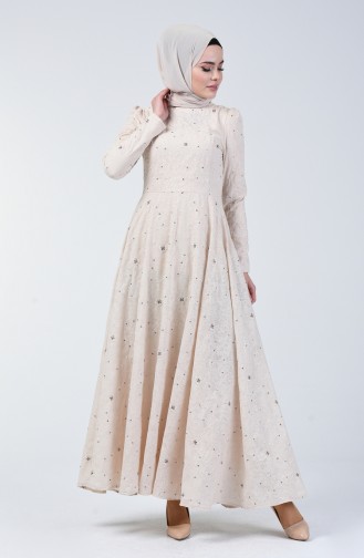 Beige Hijab Evening Dress 7258-01