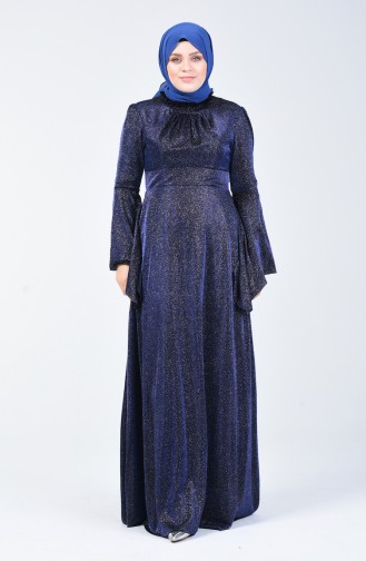 Plus Size Spanish Sleeve Silvery Evening Dress 9016-02 Saxe Blue 9016-02