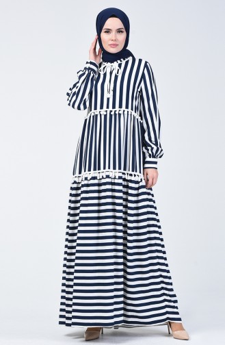 Striped Pompom Dress Navy Blue 40848-04