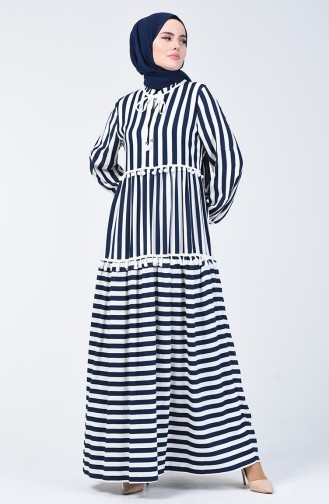 Striped Pompom Dress Navy Blue 40848-04